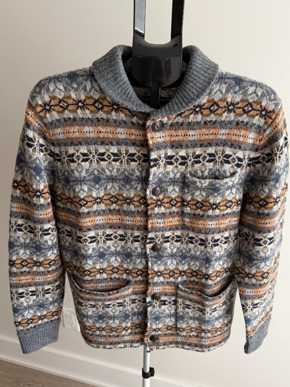 100% Lambswool J. Crew Fair Isle Shawl Collar Cardigan Sweater
